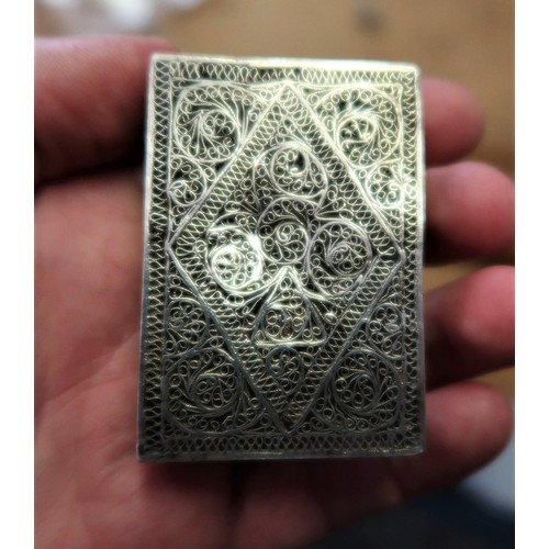 735 - Silver mounted embossed leather cigar case, silver floral engraved cigarette case, filigree work mat... 