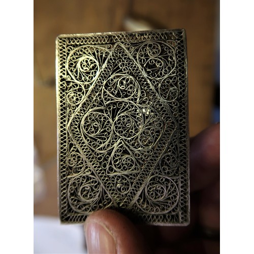 735 - Silver mounted embossed leather cigar case, silver floral engraved cigarette case, filigree work mat... 