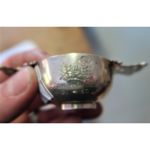 675 - Small Sheffield silver quaich engraved ' A Battery 21.4.60 ', and a Victorian silver floral embossed... 