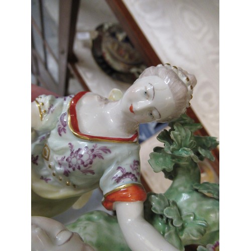 504 - 18th Century English porcelain figural group of a sleeping warrior and female laying flowers, 7.5ins... 