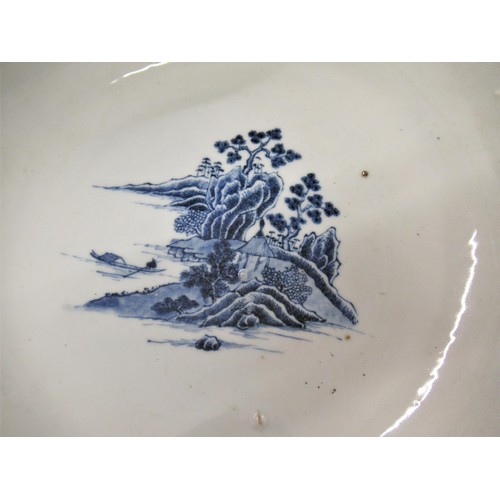 615 - Large 18th Century Chinese blue and white Willow pattern punch bowl (chip to foot rim), 13ins diamet... 