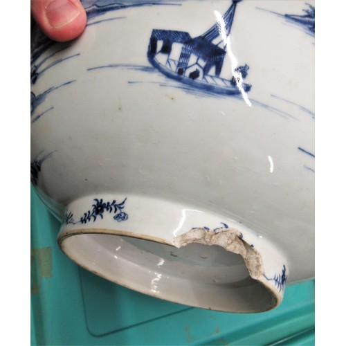 615 - Large 18th Century Chinese blue and white Willow pattern punch bowl (chip to foot rim), 13ins diamet... 