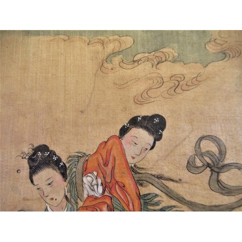 1331 - Pair of Chinese paintings on linen, figures in garden scenes, signed with character and red seal mar... 