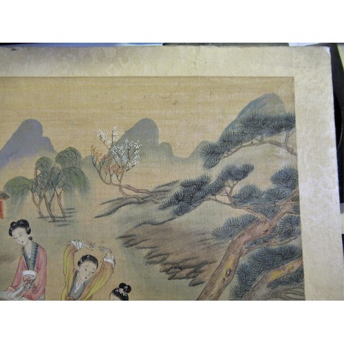 1331 - Pair of Chinese paintings on linen, figures in garden scenes, signed with character and red seal mar... 