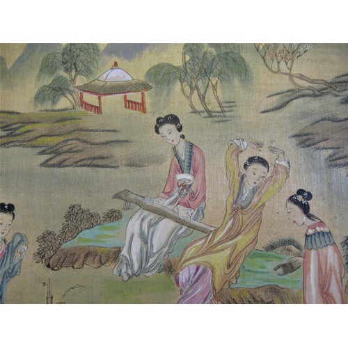 1331 - Pair of Chinese paintings on linen, figures in garden scenes, signed with character and red seal mar... 