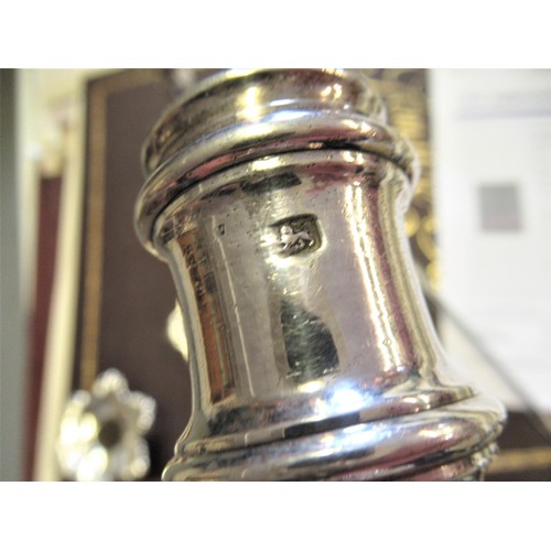 649 - Pair of George II cast silver candlesticks, the knopped stems above shaped petal form bases, London ... 