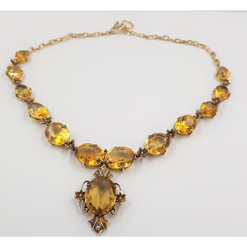 1021 - 19th Century citrine and seed pearl SILVER GILT Riviere pendant necklace, the pendant citrine approx... 