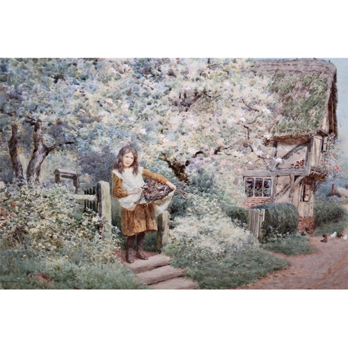 1088 - Joseph Kirkpatrick, watercolour, rural village scene with a girl carrying a basket before fruit tree... 