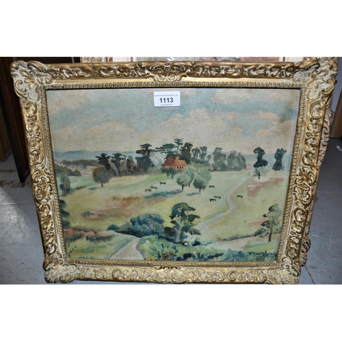 1113 - Attributed to John Nash, oil on textured board, landscape, bearing signature, 11.5ins x 14ins, gilt ... 