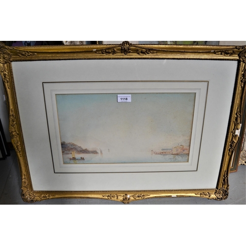 1118 - H. Medlycott, watercolour, Continental lake scene with boats, 8.5ins x 15.5ins, gilt framed