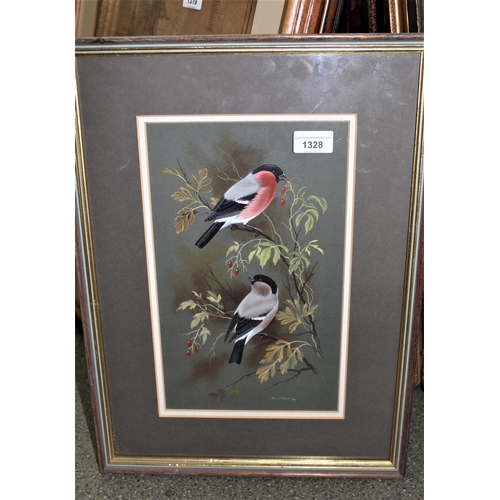 1328 - Paul A. Nicholas, gouache study of finches eating berries, dated 1973, 12.5ins x 7.5ins