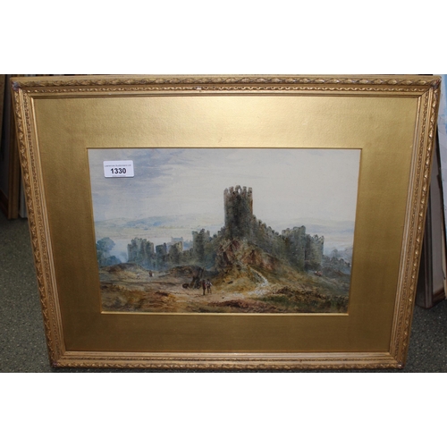 1330 - John Henry, 19th Century watercolour, figures working beneath a castle, signed and dated 1853, gilt ... 