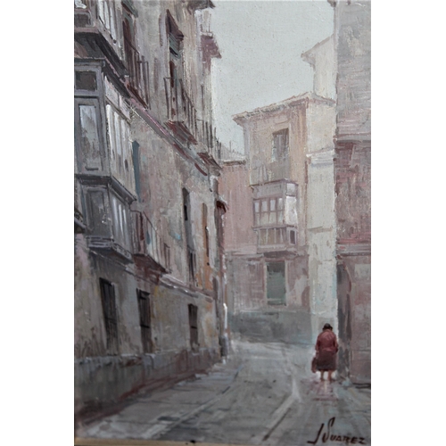 1331 - J. Suarez Gomez, oil on board, street scene with solitary figure, signed, gilt framed, 8.5ins x 7ins... 