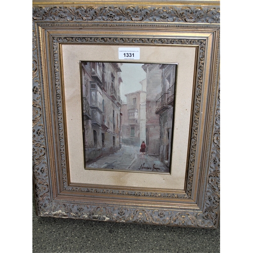 1331 - J. Suarez Gomez, oil on board, street scene with solitary figure, signed, gilt framed, 8.5ins x 7ins... 