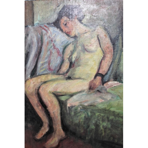 1332 - 20th Century oil on canvas, full length nude study of a resting female, monogrammed A.E.C., unframed... 