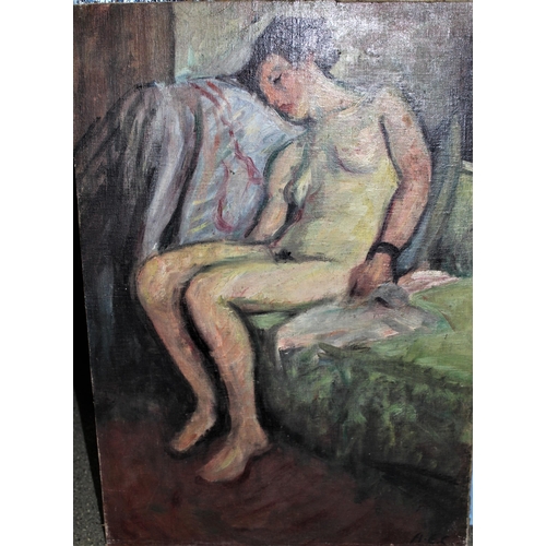 1332 - 20th Century oil on canvas, full length nude study of a resting female, monogrammed A.E.C., unframed... 