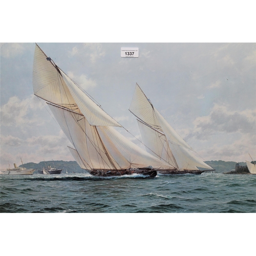 1337 - J. Stephen Dews, Limited Edition coloured print, No. 439 / 600, yachts off a coast, possible the Isl... 