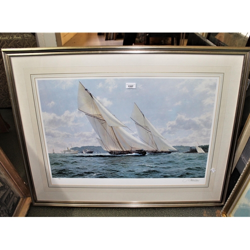 1337 - J. Stephen Dews, Limited Edition coloured print, No. 439 / 600, yachts off a coast, possible the Isl... 