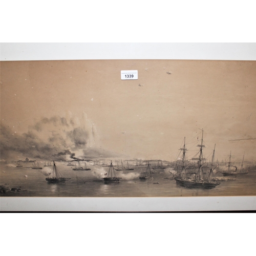 1339 - 19th Century engraving, steam and sail boats in battle, unsigned, 14ins x 30ins (at fault) and a fra... 