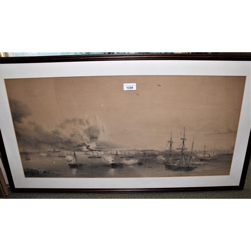 1339 - 19th Century engraving, steam and sail boats in battle, unsigned, 14ins x 30ins (at fault) and a fra... 