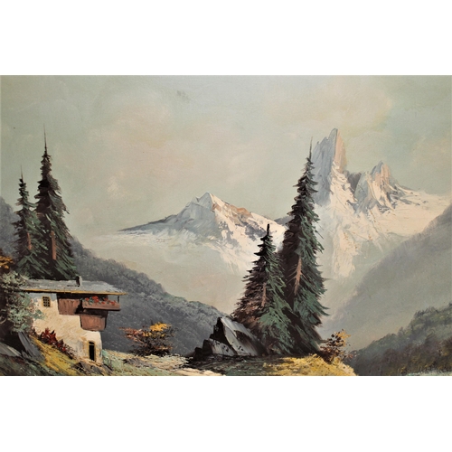 1340 - Large oil on canvas, continental mountain scene with chalets, signed J. Mayger, 23ins x 35ins, two o... 