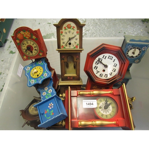 1494 - Quantity of various small mantel clocks together with a quantity of novelty miniature longcase clock... 