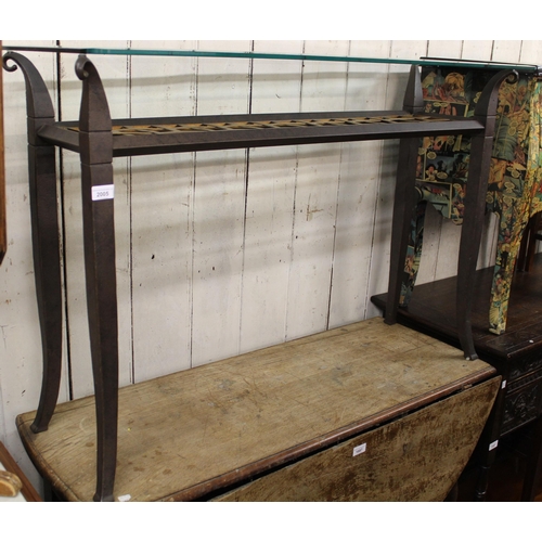 2005 - 20th Century patinated iron glass top hall table on splay supports, 45ins wide x 15ins deep x 30ins ... 