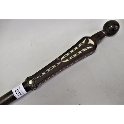 237 - Tribal Art exotic hardwood walking stick with mother of pearl and ebony inlays