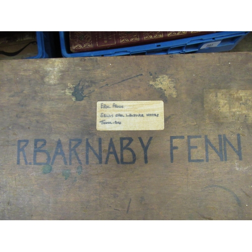 342 - Small metal mounted wooden trunk labelled to the top Eric Fenn and inscribed R. Barnaby Fenn (Eric F... 