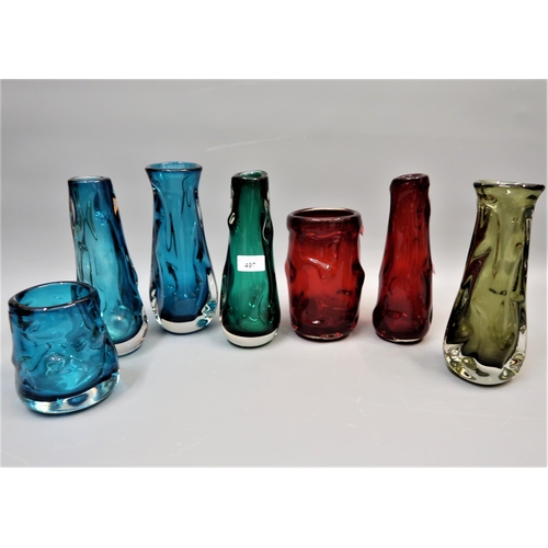 497 - Collection of five Whitefriars tall knobbly vases in various colours including a rare sage green and... 