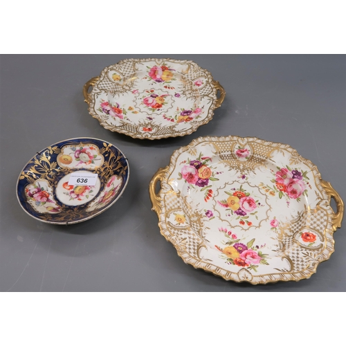 636 - Pair of 19th Century two handled gilt and handpainted floral decorated serving dishes, together with... 