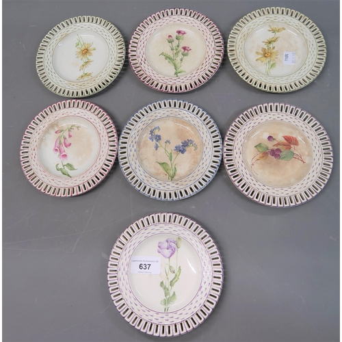 637 - Set of seven small floral handpainted ribbon plates, signed H S H Schmitt