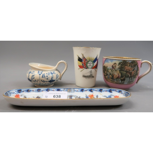 638 - Small Meissen floral decorated pin tray, Zsolnay blue and white cream jug (at fault), Prattware mug ... 