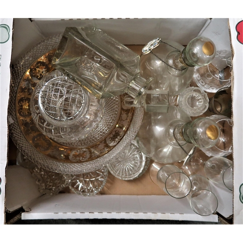 653 - Box containing a collection of various glassware including decanters