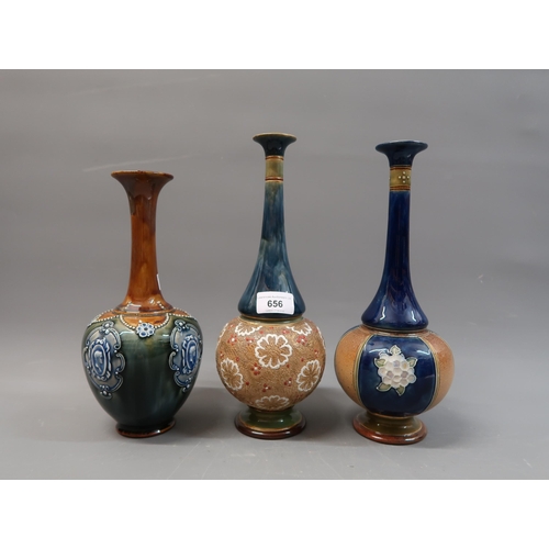 656 - Group of three Royal Doulton and Doulton Lambeth baluster form narrow neck stoneware vases, the tall... 