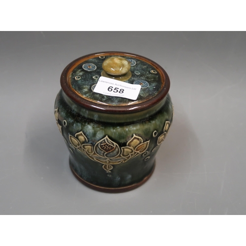 658 - Royal Doulton stoneware tobacco jar with cover, makers mark AL, 5ins high