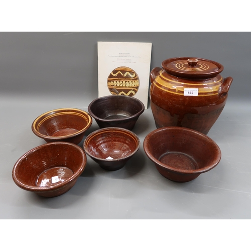 672 - Large Buckley pottery storage jar, five related bowls and a Mostyn art gallery catalogue, 1983