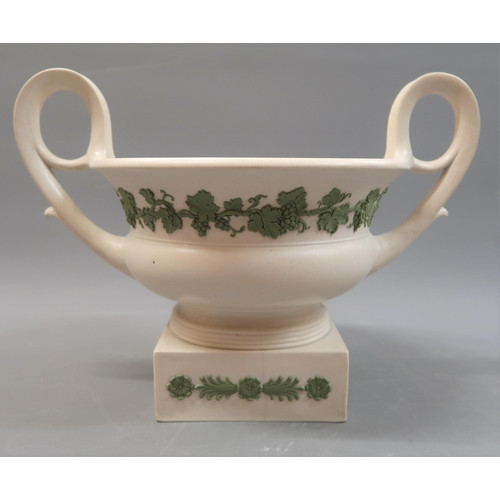 674 - Early 19th Century Wedgwood Jasperware two handled vase decorated with grape vines on a cream ground... 