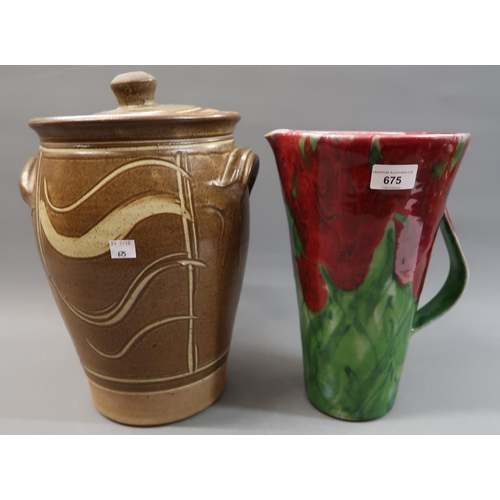 675 - Large Dartington pottery jug by Janice Tchalenko, together with a large Dartington storage jar, 12.2... 