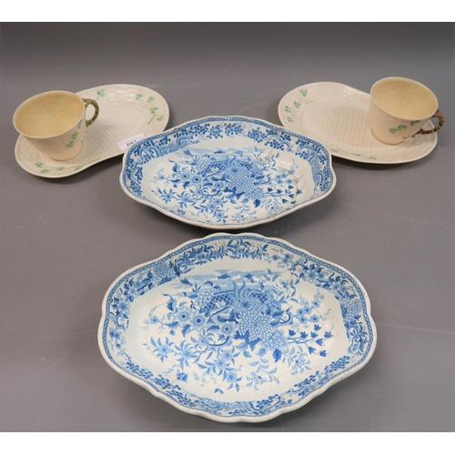 681 - Pair of Beleek teacups with saucer plates together with two 19th Century English oval blue and white... 