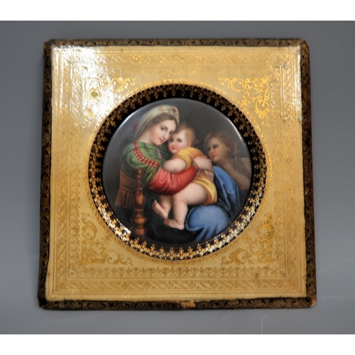 683 - Circular Continental porcelain plaque painted with the Madonna and child and the infant John the Bap... 