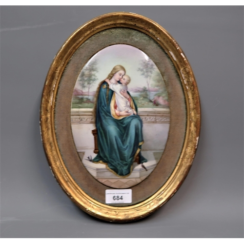 684 - 19th Century oval Continental porcelain plaque painted with the Madonna and child, 8.5ins x 5.75ins,... 