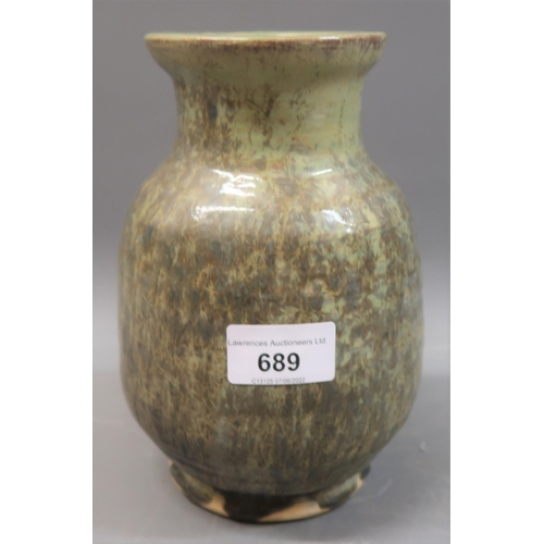 689 - Stephanie Kalan, Studio pottery baluster form vase with green mottled decoration, 8ins high