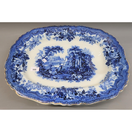 690 - 19th Century blue and white transfer printed turkey plate decorated in Ancient Ruins pattern, 20ins ... 