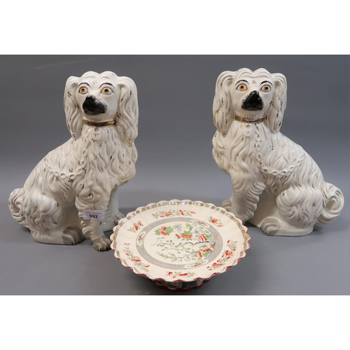 692 - Pair of 19th Century Staffordshire pottery figures of seated spaniels (at fault), together with a po... 