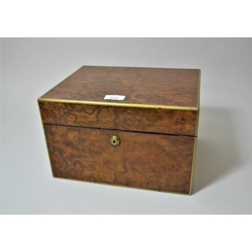 694 - Victorian burr walnut brass mounted dressing case having hinged cover and fall front enclosing a fit... 