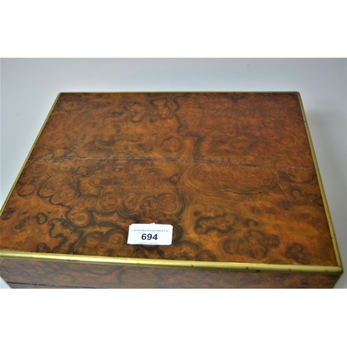 694 - Victorian burr walnut brass mounted dressing case having hinged cover and fall front enclosing a fit... 