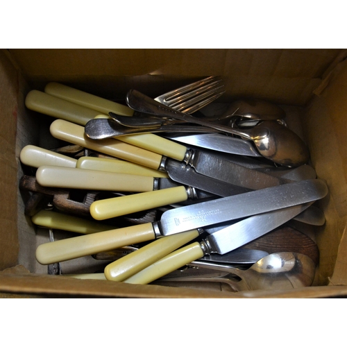 709 - Group of four George III silver table forks, pair of Victorian silver dessert spoons and a quantity ... 