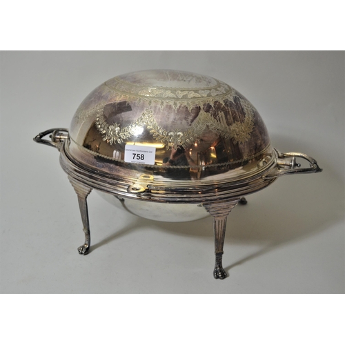 758 - Good quality Edwardian oval silver plated breakfast stand with rollover cover