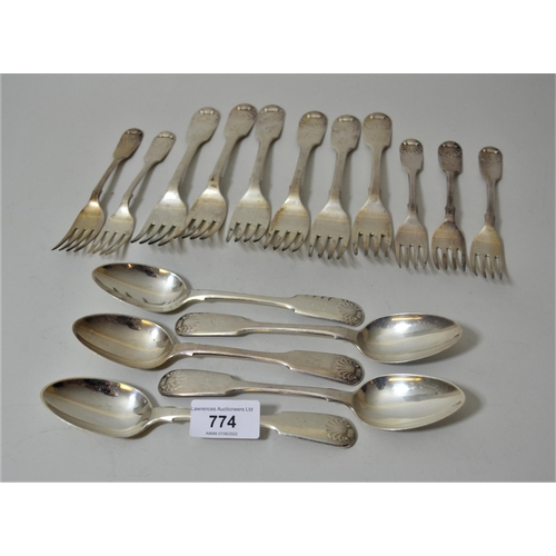 774 - Set of six Victorian Scottish silver Fiddle and Shell pattern dinner forks, together with five match... 